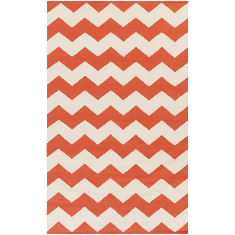 Tapis orange / ivoire en coton tissé à la main Murguia, Rectangle 5 pi x 8 pi