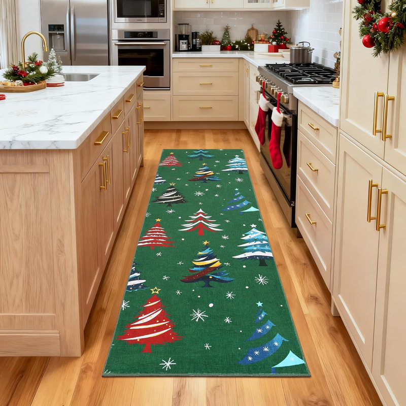 Runner Rug, Washable Rug for Home Decor, Indoor Non Slip Carpet, Soft Low Pile Christmas Rugs with Xmas Tree Motif for Kitchen, Entryway, Living Room, Bedroom