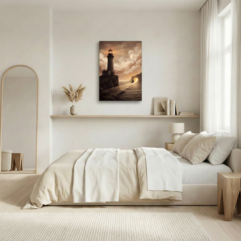 Art sur toile, "Phare sur une falaise avec voilier dans un ciel doré", 36"H x 24"W