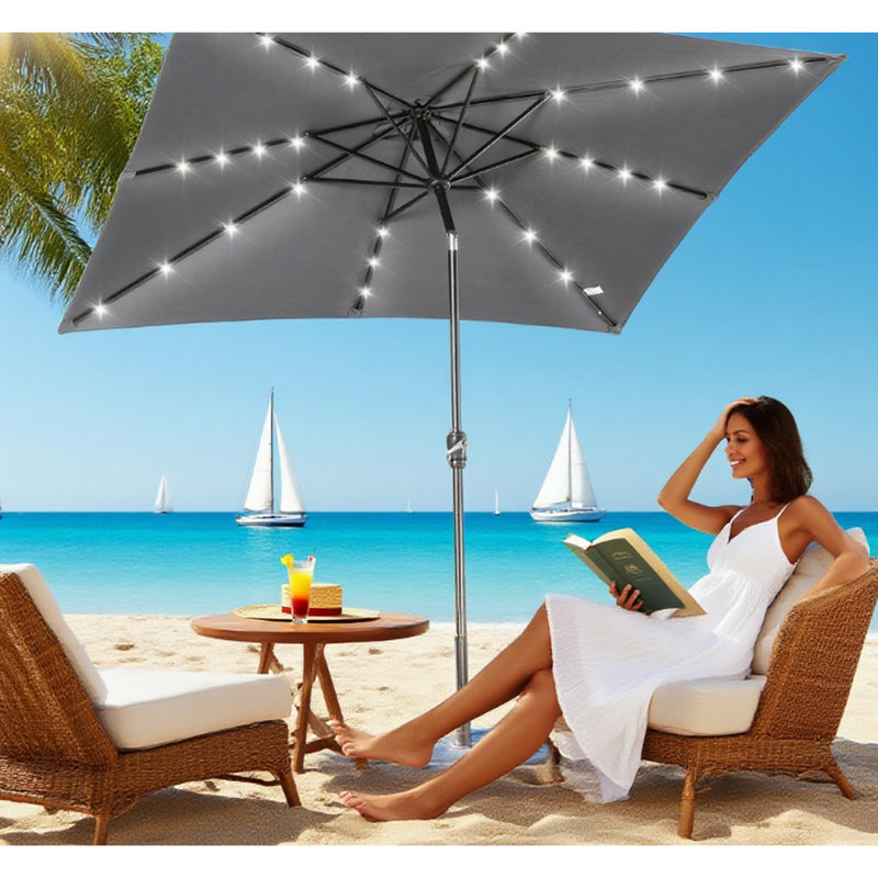 Parasol de patio avec lumières solaires et à DEL, profondeur de 8,8 pi, largeur de 6,7 pi, hauteur de 8,1 pi, inclinaison à bouton-poussoir, conception stable au vent, poteau de 1,5 po alimenté par le soleil, cadre en acier, auvent, pour utilisation dans la cour