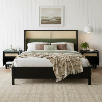 Structure de lit très grand, noir + vert, bois massif + bois manufacturé, matelas 10 à 12, 800 lb, meubles de chambre à coucher sans sommier moderne
