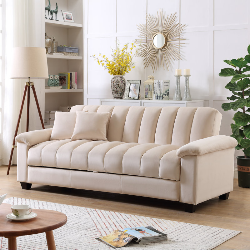 Canapé-lit double en velours avec rangement Biscuit, Crème, H 33,75 po x l 82,7 po x P 35,25 po