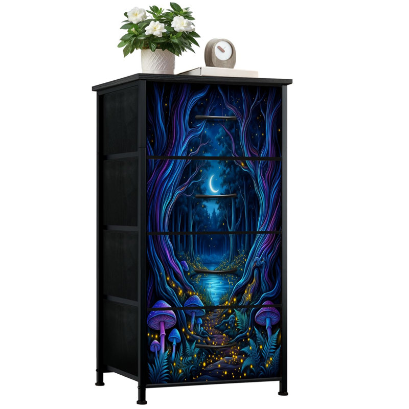Commode pour la chambre à coucher avec 4 tiroirs de rangement Mystical Forest Glowing Fireflies Mauve Champignons Commodes Commode en tissu avec cadre en acier pour vestibule