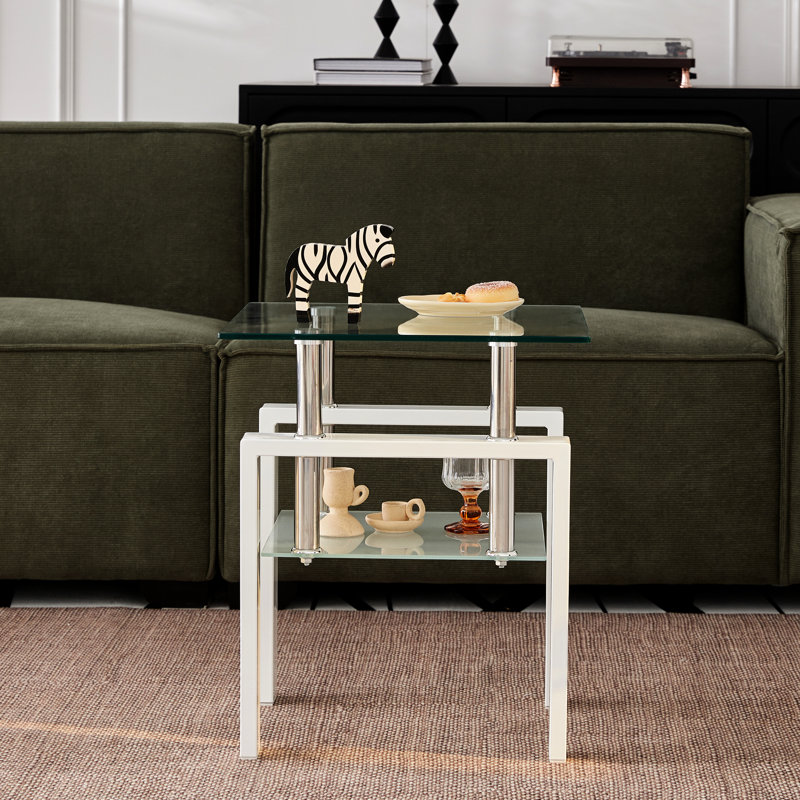 Table d'appoint en verre trempé transparent avec rangement, design carré, facile à nettoyer, pour la maison et le bureau