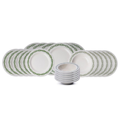Chiang Elegant 24-Piece Dinner Set, White & Green, 6 Service Plates (10.2 x 10.2 in), 6 Dinner Plates (8.7 x 8.7 in), 6 Bowls (6.7 x 6.7 in), 6 Dessert Plates (7.9 x 7.9 in) | 100% Porcelain, Dishwasher & Microwave Safe, Perfect for Entertaining