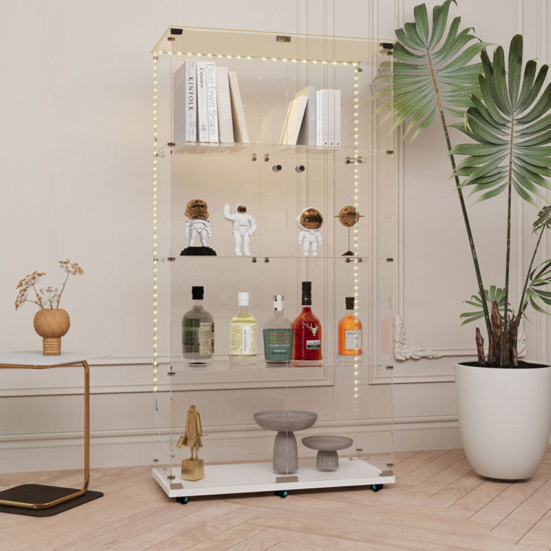 Tempered Glass Display Cabinet,Wine Cabinet, Storage Cabinet,File Cabinet,With Bluetooth LED Strip,Can Be Controlled By Remote Control Or Mobile APP,Swivel Casters,Can Be Placed Anywhere