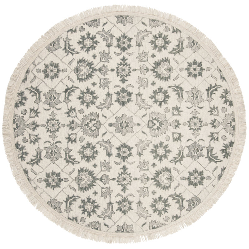 Adalyn Hand Tufted Wool/Cotton Floral Rug in Green/Grey, Round 7'