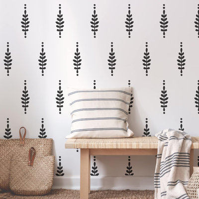 A Room With Floral Vinyl Leaves Wall Decals, Peel And Stick Modern Boho Flower Stickers For Bedroom Livingroom Home Wall Art Decor-Black