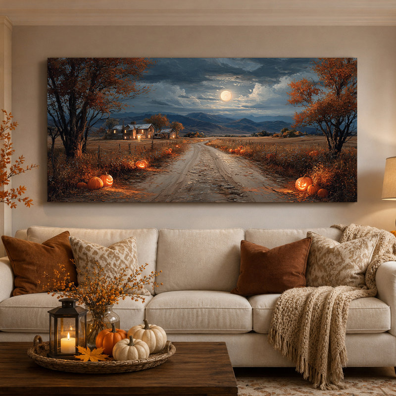 Décoration murale sur toile rustique en automne campagnard avec citrouille et pleine lune, 40" H x 20" W
