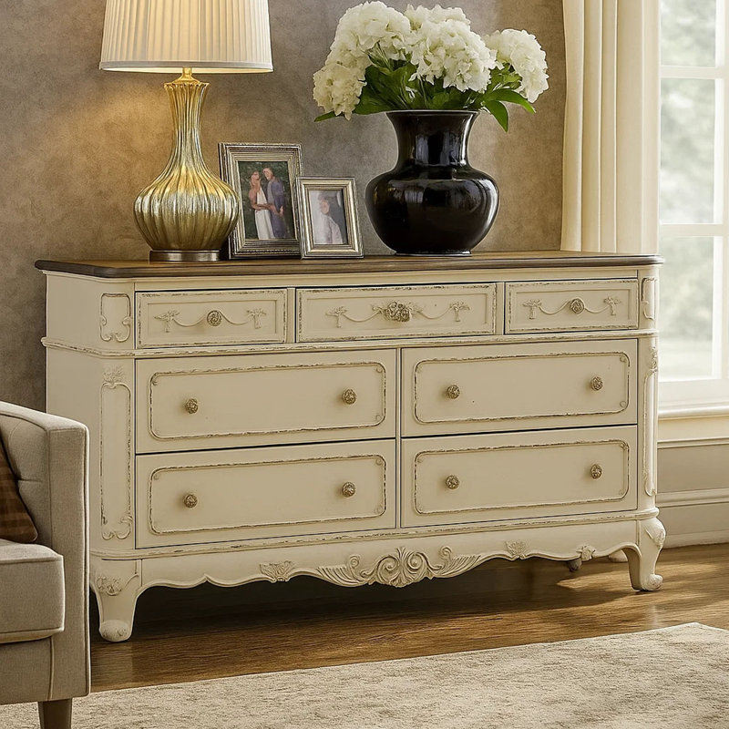 Garris Solid Wood 56.25'' W 7 Drawer Dresser with Floral Motif Carving Details, Antique White and Brown