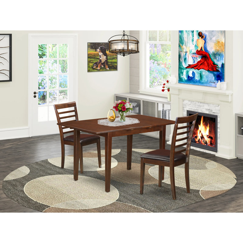 3 Piece Dining Table Set Contains a Rectangle Dining Room Table with Butterfly Leaf and 2 Faux Leather Chairs, Mahogany