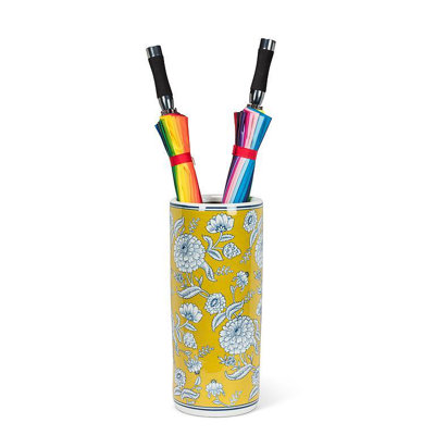  Porte-parapluie en porcelaine 18 po - Motif de brocart jaune et bleu Cylindre décoratif apprivoisant les parapluies, les cannes et les bâtons humides dans les vestibules, les vestibules, les vestibules et les condos