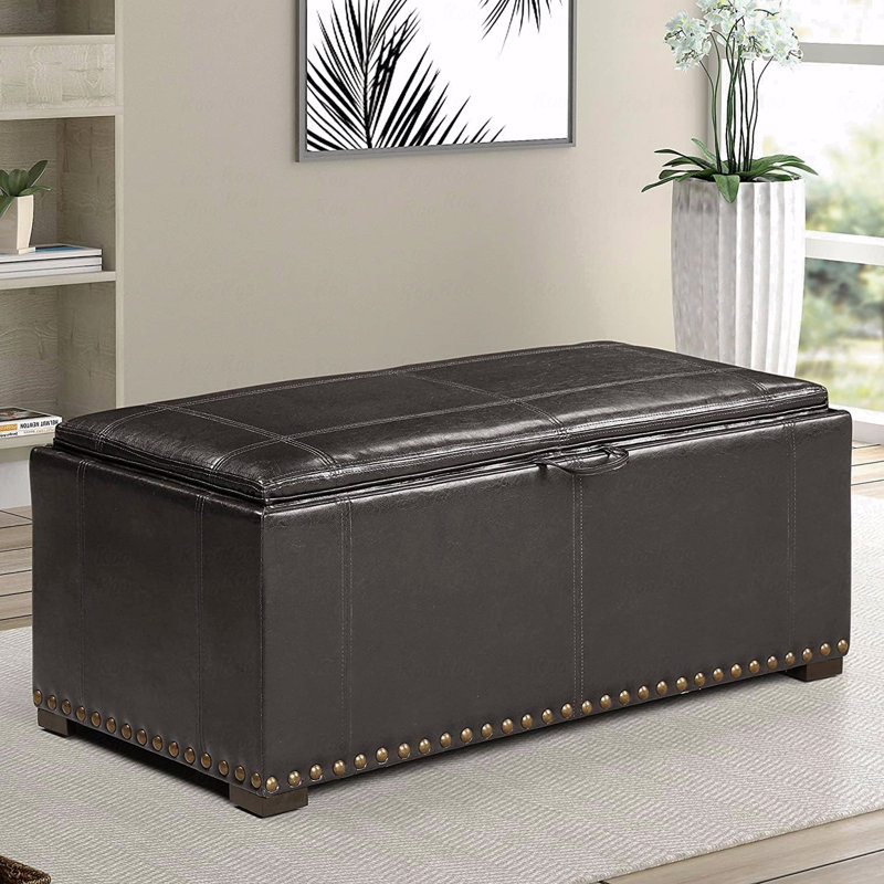 Banc de rangement en cuir noir avec 2 repose-pieds latéraux, peut être converti en table, convient au salon, apparence des têtes de clous, banc de H 16 po x l 39,68 po x P 40 po, conception convertible de 13,5 po