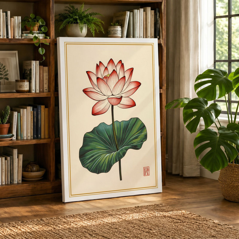 Lotus in Bloom Botanical - Wrapped Canvas, 18x12 - 45.7 x 30.5 cm, Black Border