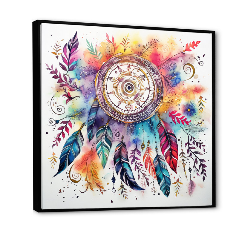 Rainbow Boho Dreamcatcher, aquarelle encadrée sur toile, H 36 po x l 36 po x P 1,5 po, Cadre flottant noir