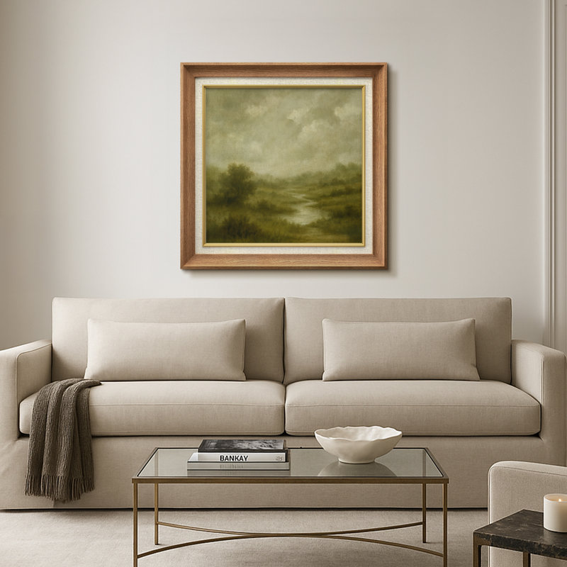 «Misty Green Meadow River Scene Wall Decor», reproduction d'art sur toile encadrée, H 26 po x l 26 po x P 1,5 po