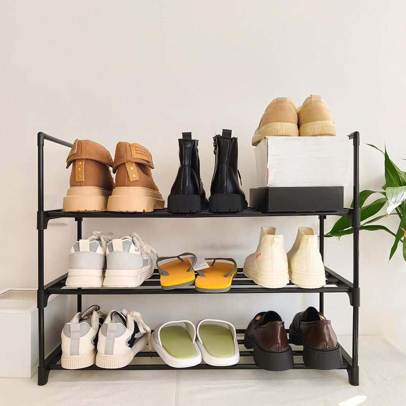 Range-chaussures réversible à 3 niveaux en métal - Organisateur noir compact pour vestibule, placard ou garage