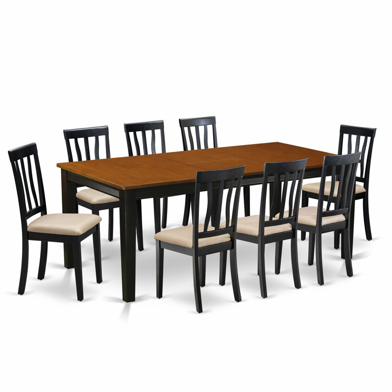 9 Piece Kitchen Table Set Includes a Rectangle Dining Table with Butterfly Leaf and 8 Linen Fabric Dining Room Chairs, Black & Cherry