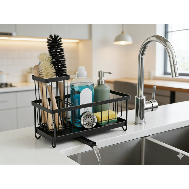 Organisateur d'évier de cuisine avec vidange automatique, chariot d'évier en acier inoxydable avec séparateurs réglables, grand porte-brosse et support à vaisselle pour comptoir