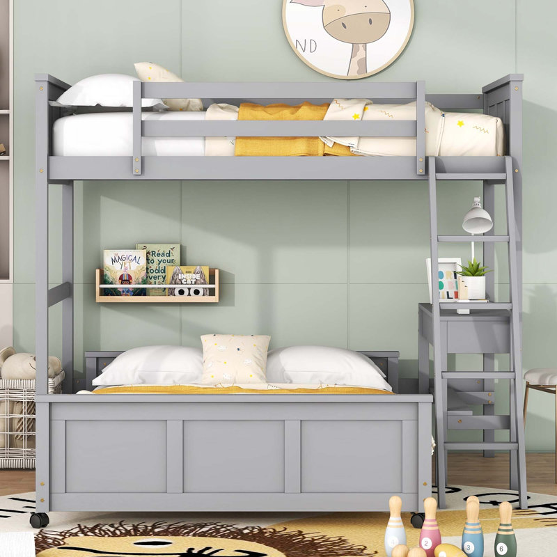 Twin Over Full Bunk Bed With Desk, Gray,  Twin