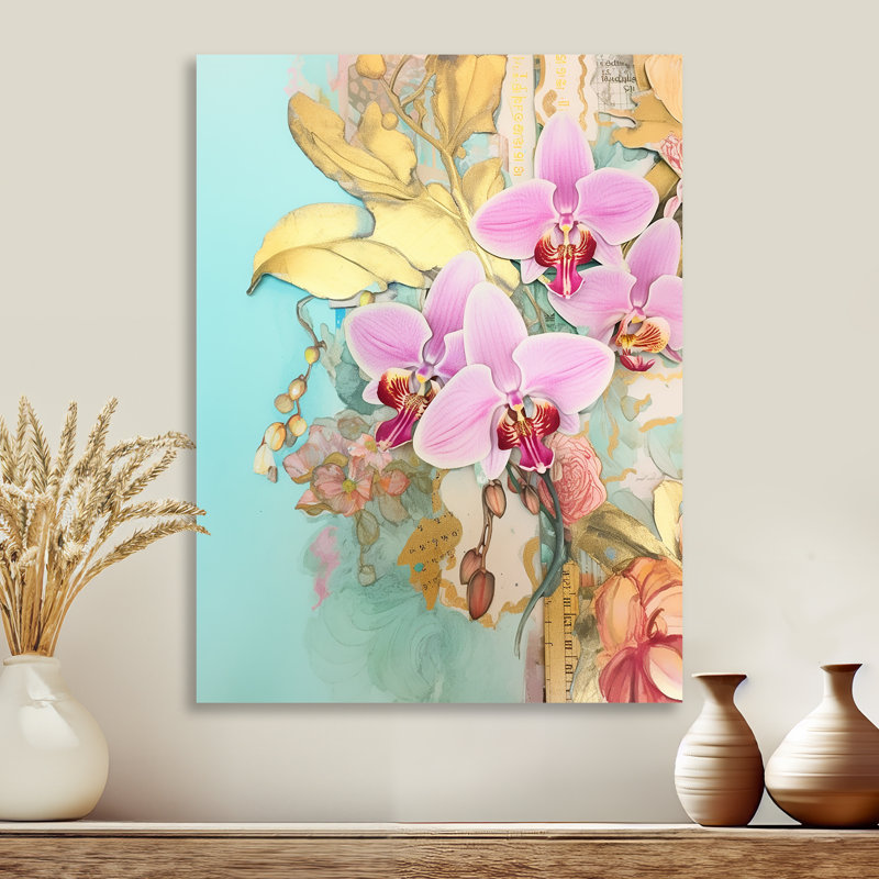 Orchidées roses, délicatesse dorée, bleu rétro - orchidée murale, salon, Sans cadre, métal, H 40 po x l 30 po