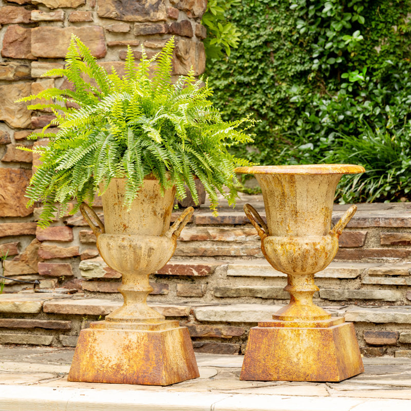 Aged Rusted Metal Outdoor Urn Planter with Pedestal