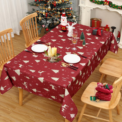 Christmas Tablecloth, Washable Winter Table Cover with Gold Stars & Trees Print, Seasonal Decor for Parties, Picnics & Dinners