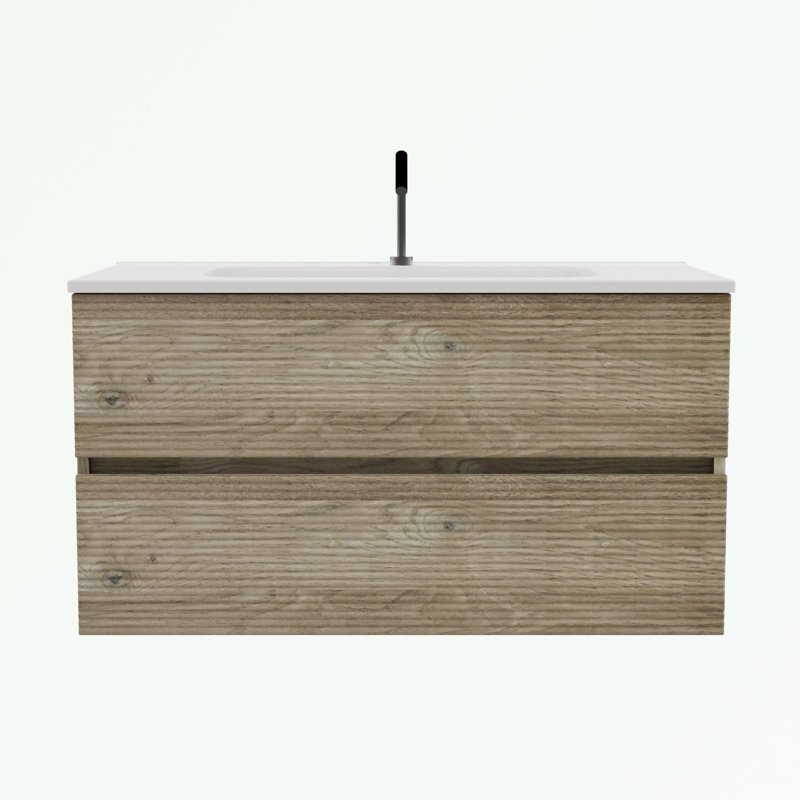 Meuble-lavabo mural avec lavabo et tiroir en céramique intégrés, Naturel