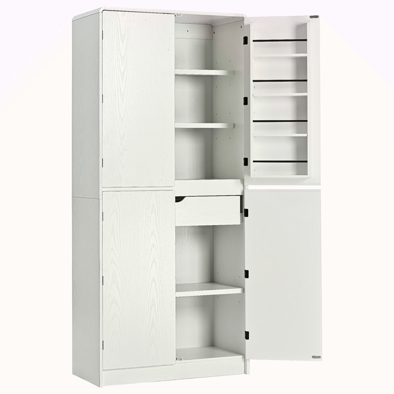 72" Tall Farmhouse Kitchen Pantry Cabinet With 8 Door Shelves, Curved Design Storage Cabinet With 3 Adjustable Shelves, Hidden Drawer, Versatile Cupboard For Kitchen, Dining & Bathroom