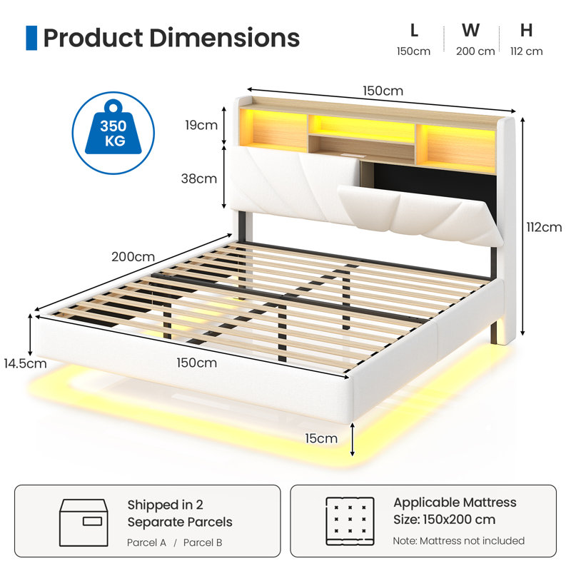 Floating Bed Frame with Charging Station, LED Lights and Upholstered Headboard for Bedroom, Modern Floating Beds with Hidden Storage Compartment, No Box Spring Needed
