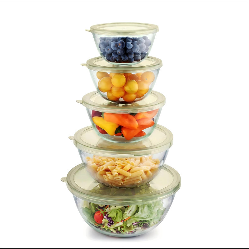 Glass Mixing Bowls with Lids Set, Nesting Salad Bowl, Glass Mixing Bowl, Prepping-Dishwasher Microwave Freezer Safe, 5 pcs, (Amber)