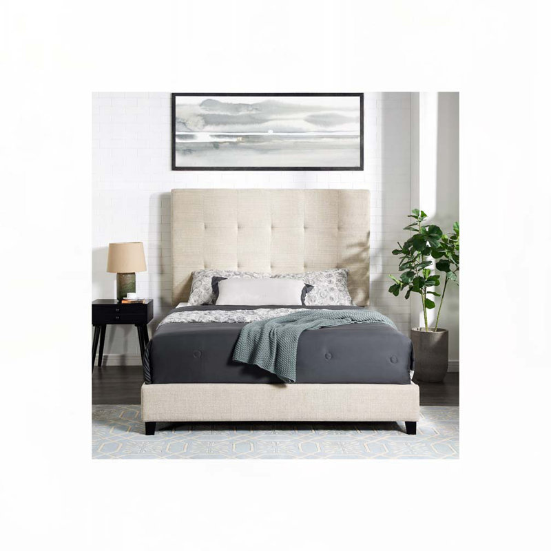 Lit plateforme tapissier touffeté, Beige, Grand