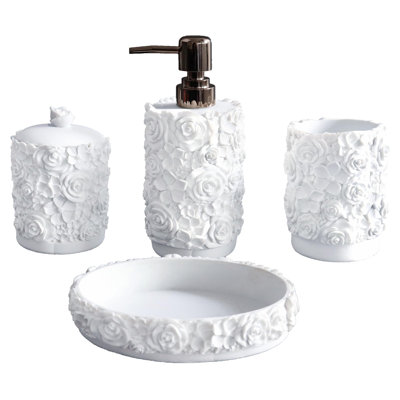 Bathroom Accessories Set,Rose Design Bathroom Set,Farmhouse Bathroom Decor,4 Pcs Resin Gift Set Apartment Necessities, Contain Cotton Swab Jar,Soap Dispenser,Soap Dish,Tumbler White