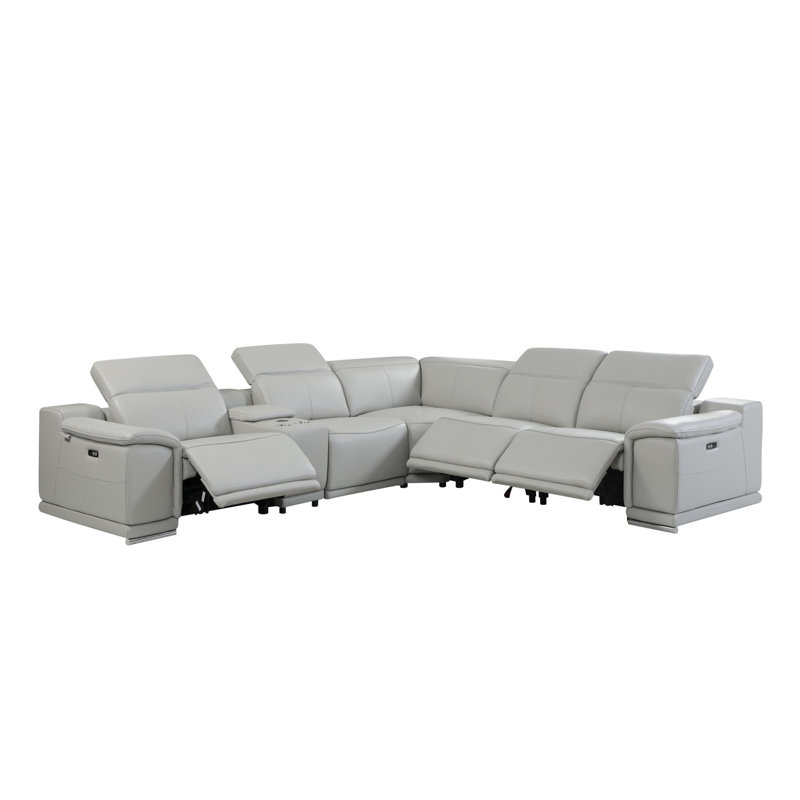 Italian Leather Power Reclining U Shaped Six Piece Corner Sectional With Console, Light Gray Top Grain Leather