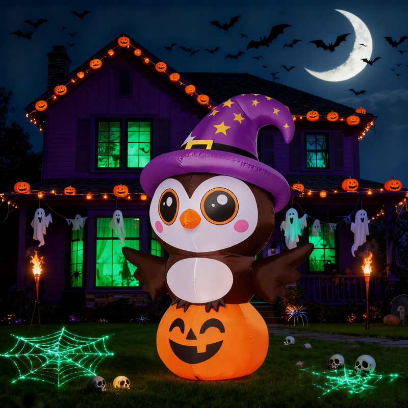 Hibou gonflable d'Halloween 5 pi debout sur une citrouille avec jardin intérieur