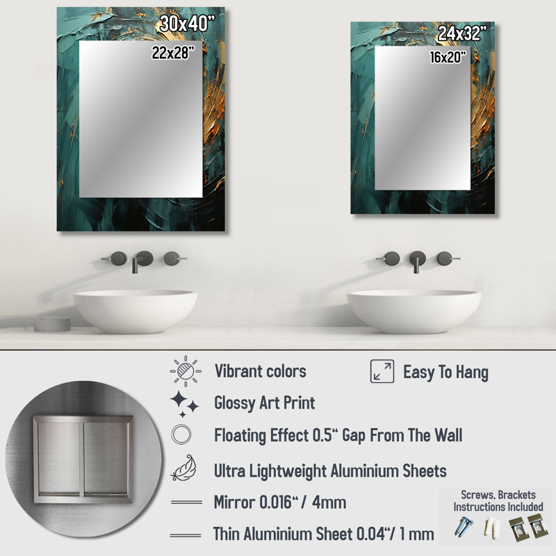 Golden Emerald Surge - Abstract Spirals Decorative Wall Mirror, Modern Mirror, Printed Metal Art, 40" x 30"