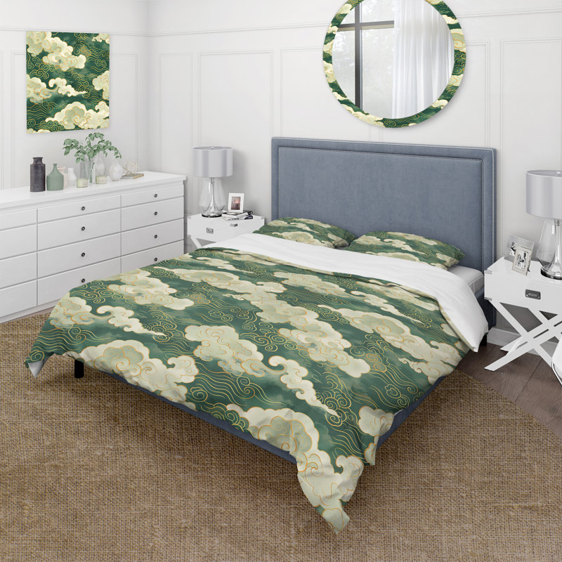 Ensemble de housse de couette chinois blanc et vert avec nuages chinois II, Housse de couette très grand + 2 taies décorativ