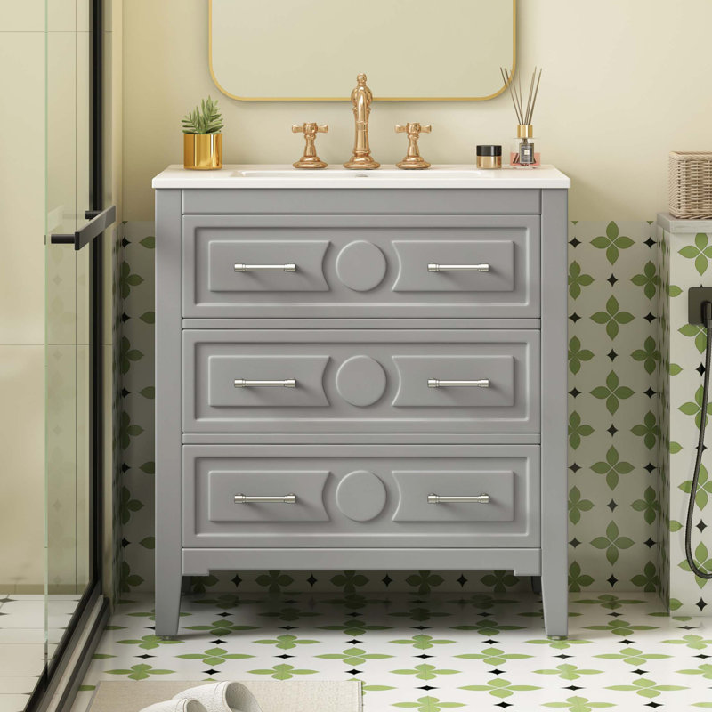 Ensemble de meuble-lavabo simple 30 po avec 3 tiroirs, meuble-lavabo autoportant avec cadre en bois massif 30 po, Gris