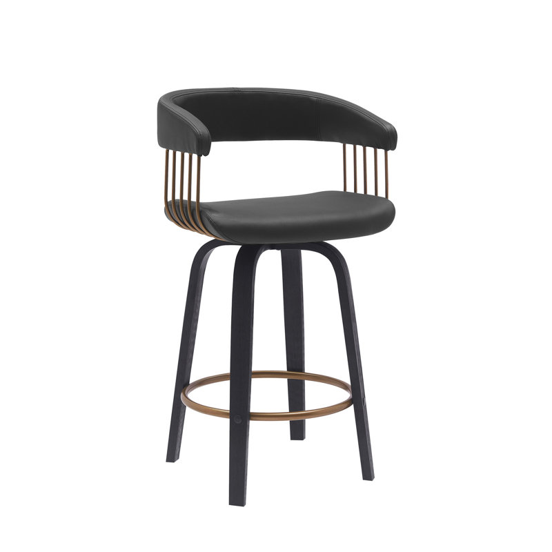 Lynnon Swivel Counter or Bar Height Bar Stool in Faux Leather, Wood and Golden Bronze Metal, Counter Stool (26" Seat Height)