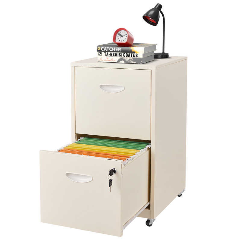 2 Drawer Rolling File Cabinet on Wheels, Cream Mobile Two Drawer Filing Cabinet with Lock, Small Files Cabinets for Under Desk, Metal Filing Cabinets for Letter Size Folders