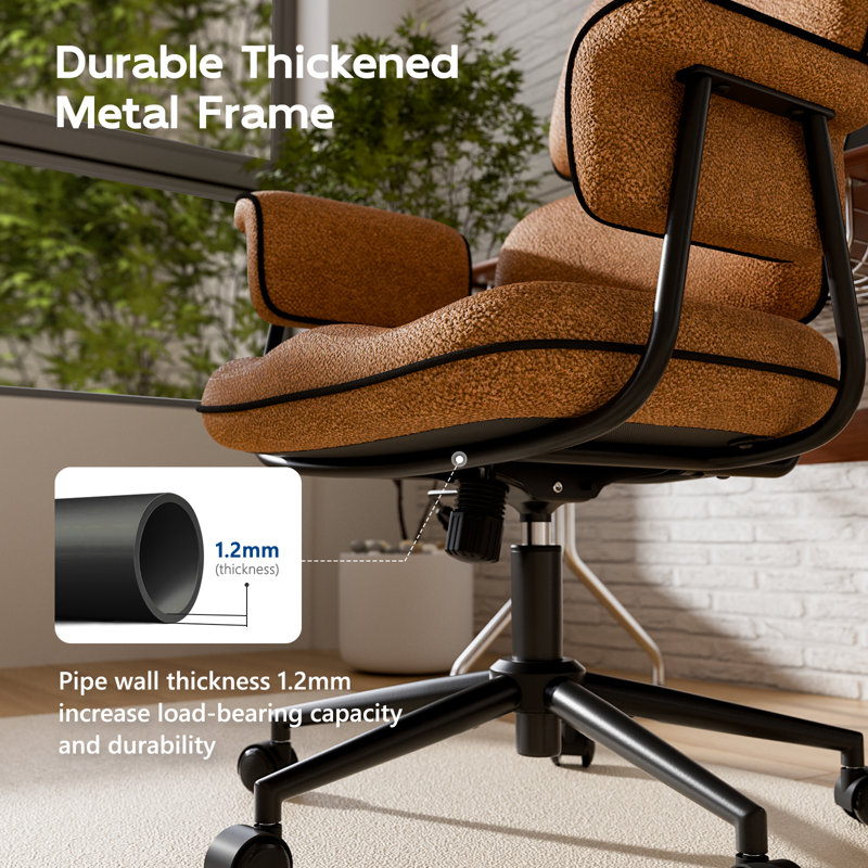 Desk Chair with Wheels, Brown Linen Fabric Executive Office Chair with Memory Foam Wide Seat, Padded Arms, Lumbar Support and Adjustable Height