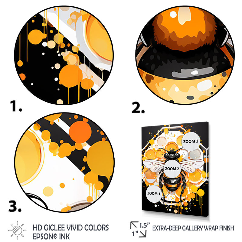 «Yellow and Black Honey Bee», art mural insectes et insectes, Cadre flottant noir, H 32 po x l 24 po x P 1 po