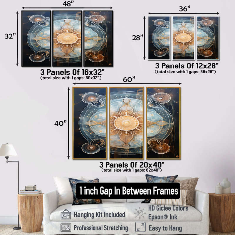 «Mystical Blue Flower - Boho Mandala», ensemble de reproduction d'art mural, Cadre flottant doré, H 28 po x l 36 po x P 1 po