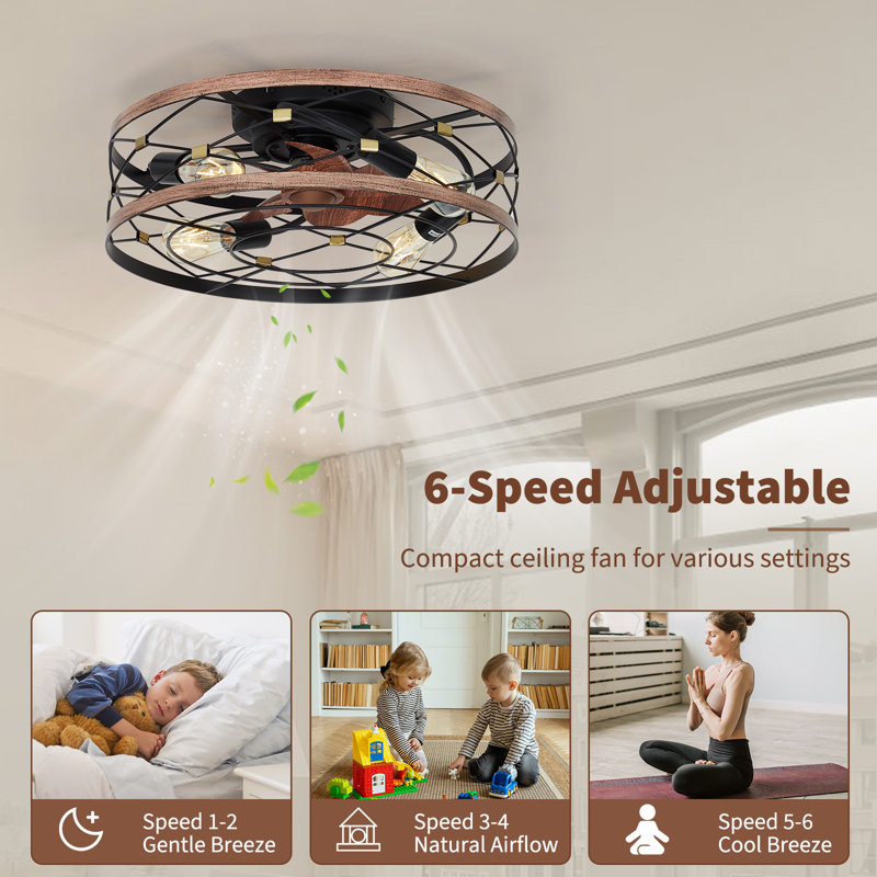 19 Inch Flush Mount Caged Ceiling Fan with Light 6 Speed Reversible Remote Control Farmhouse Low Profile Ceiling Fan for Bedroom Kitchen Dining Room