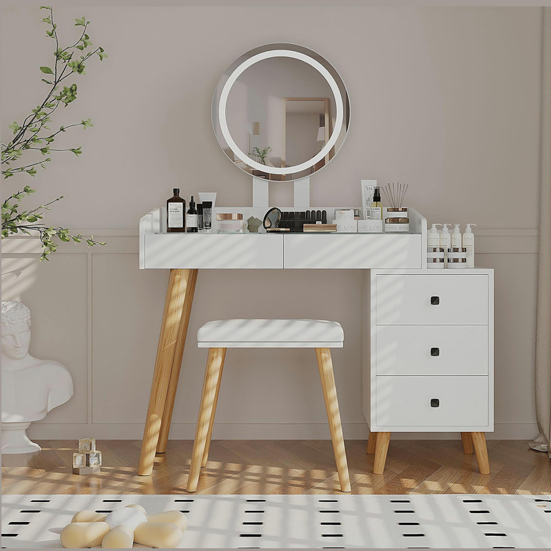 Dressing Table with LED Lights Glass Top Dressing Table with Extendable Side Table 5 Drawers Dressing Table with Mirror and Stool for Bedroom