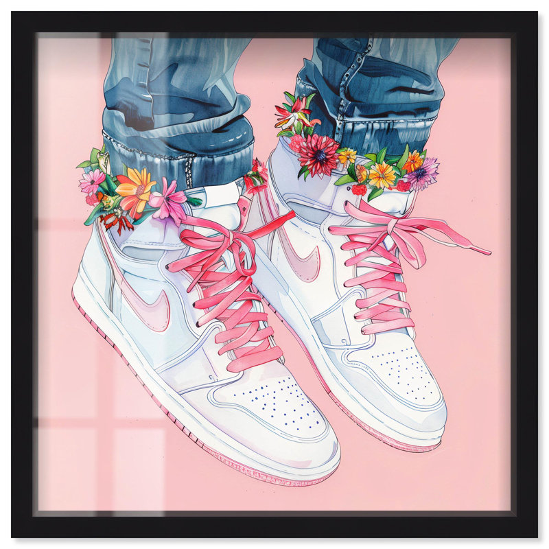 «Blush Floral Bloom Sneakers Shadowbox Print Sneaker» par Art Remedy, H 13 po x l 13 po, Noir