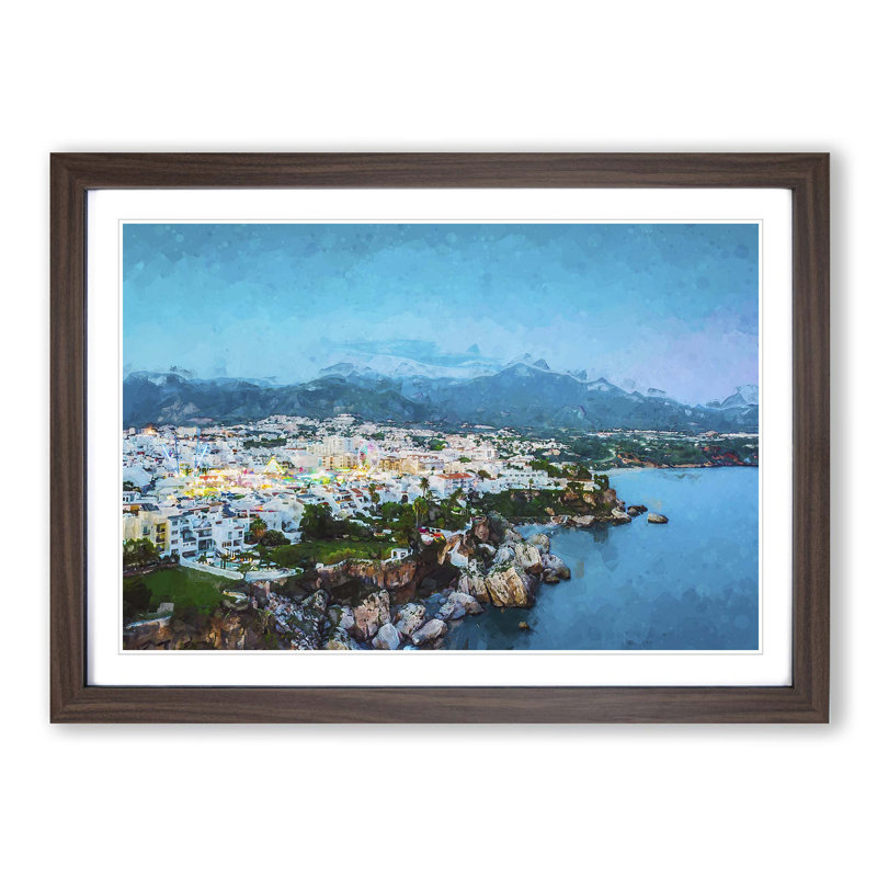 Skyline of Nerja in Spain in Abstract - Picture Frame Graphic Art Print on MDF, Walnut Framed, 62cm H x 87cm W x 2cm D