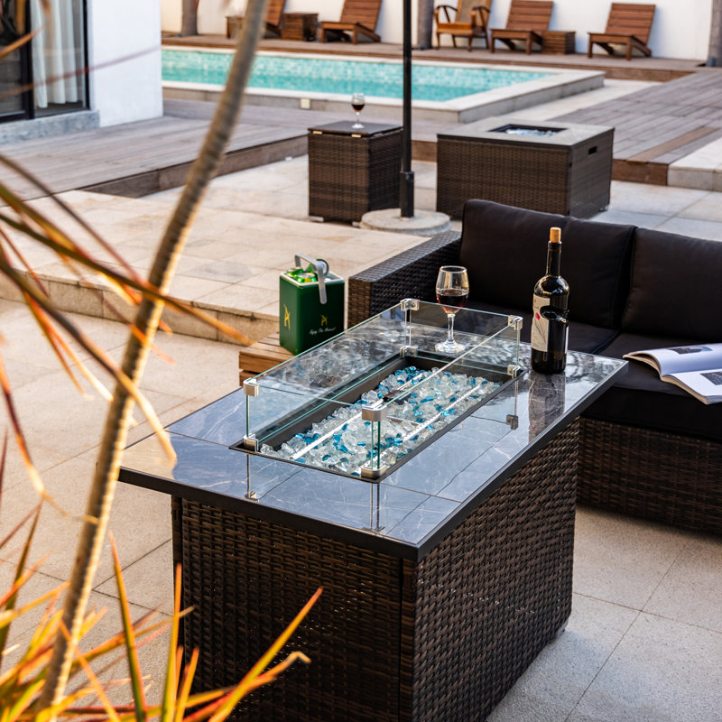Rectangular Propane Fire Pit with Tile Tabletop 24'' H x 44'' W  – Glass Wind Guard, Protective Lid & Hideaway Tank Seat Included