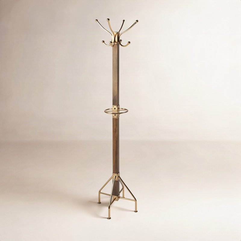 Logan Square 8 - Hook Coat Rack, Antique Gold/Medium Brown