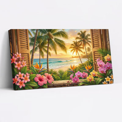 Tropical Paradise Sunset With Palm Trees And Flowers Canvas Wrapped Wall Art Oil Painting Print Set Of 1